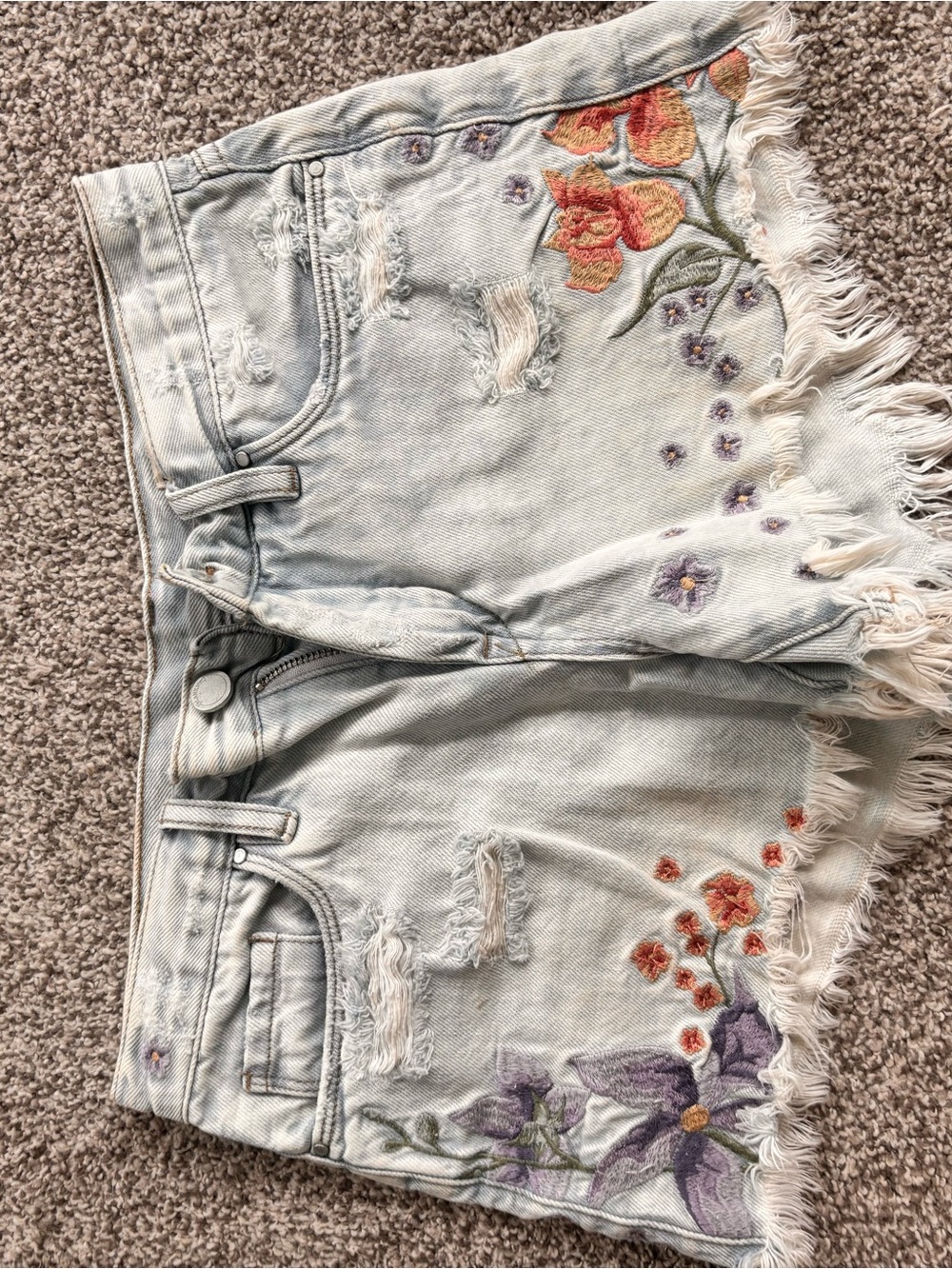 Blank NYC Light Blue Denim Jean Shorts with Floral Embroidery